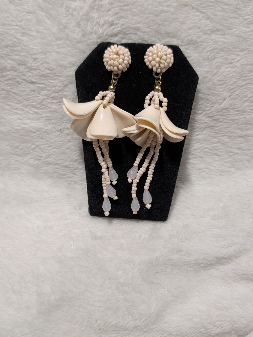 Cream/ivory beaded floral petal chandelier tassel drop earrings